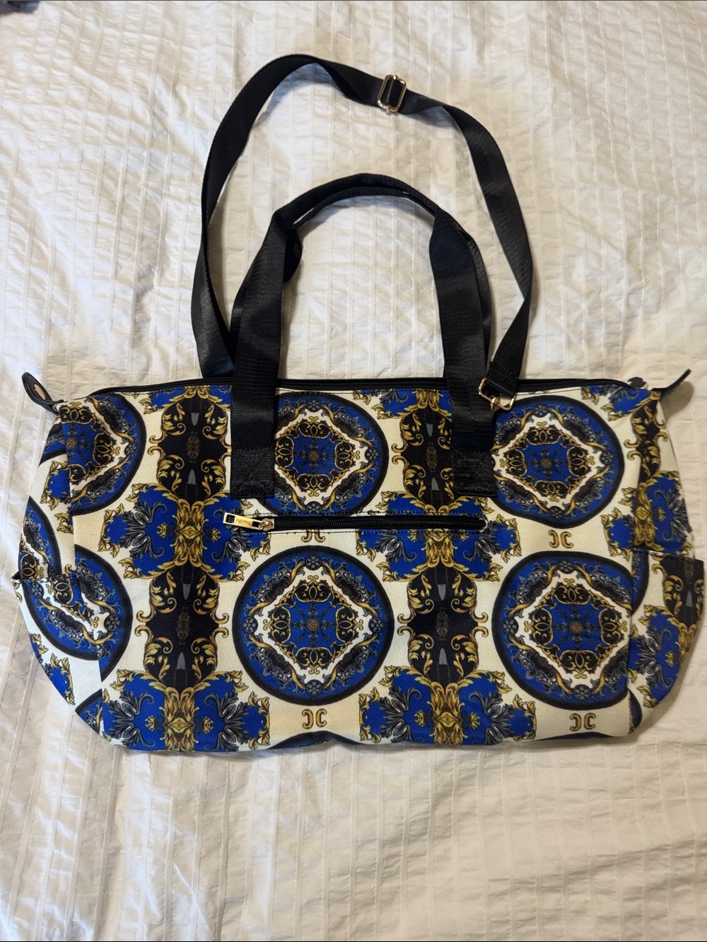 Alice + Olivia Blue & Black Patterned Tote Bag with Gold Accents